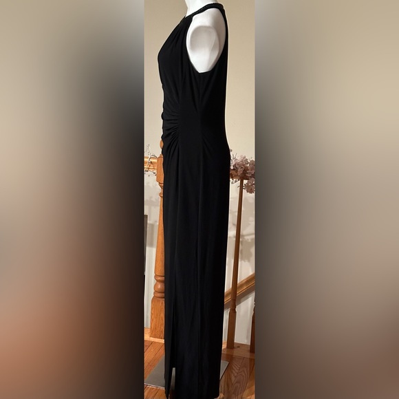 Chaps Black Halter Maxi Dress Beaded Neck Line & Key Hole. Long Slit Side Sz 12 - Picture 2 of 11
